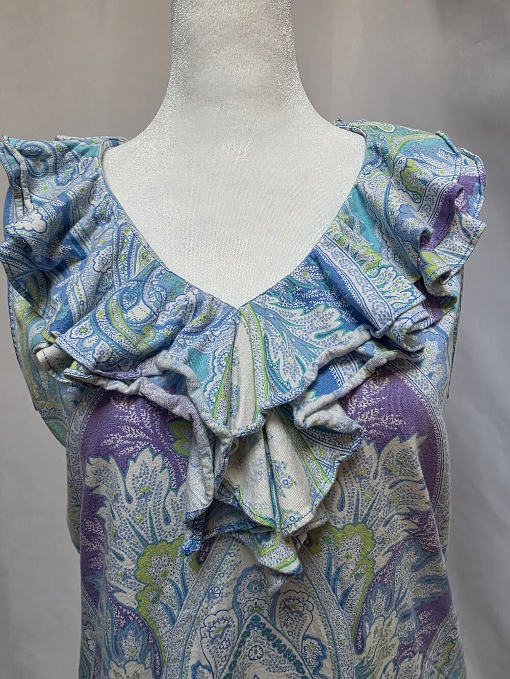 Lauren Ralph Lauren Paisley Ruffle Neck Sleeveless Cotton Blouse Large - Picture 2 of 6